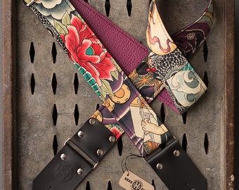 Tattoo Series 2" fabric on purple leather "Anime" guitar strap