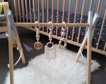 Play gym and beaded hanging toy set, timber play gym and toy set