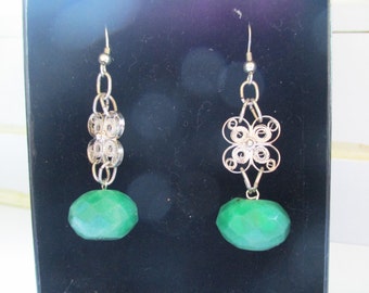 Faceted Emerald Green Quartz, Silver Filligree Drop Earrings, Silver Filligree, Emerald Green Quartz, Drop Earrings