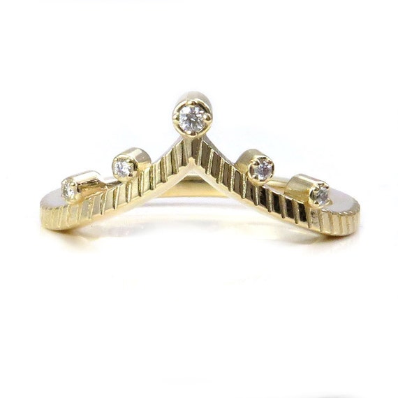 Gold and Diamond V Shaped Chevron Wedding Band - 14k Yellow, Rose or Palladium White Gold