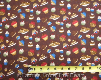 Coffee Escapes Cupcakes Pies Sweets on Coco Brown BY YARDS Henry Glass Fabric