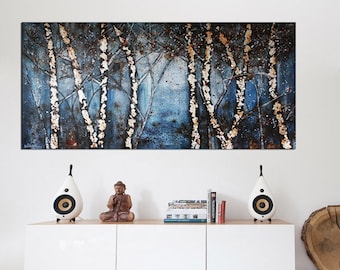 Birch Trees Original Animals Abstract Art Birch Tree Painting, Panoramic Painting, Forest Painting, Blue and Black Landscape Painting,
