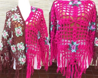 3 in 1 Handmade Crochet Poncho/Flora Poncho/Boho Knit Poncho/Hippie Crochet Poncho