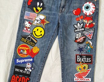 Patched Denim / Patched Jeans / Reworked Vintage Jeans with Patches / Vintage Denim Jeans Women 30 Waist
