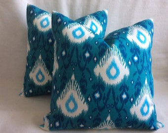 Pair of Ethnic Indoor/ Outdoor Pillow Covers - Turquoise Ikat - Mill Creek Fabric - 18x18 Covers