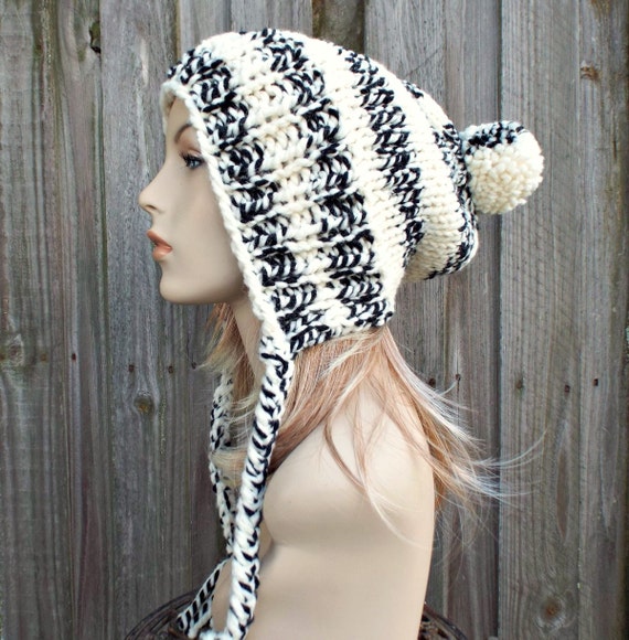 Cream and Black Slouchy Pom Pom Hat Cream Hat Cream Beanie