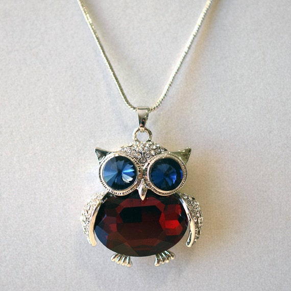 Rhinestone Owl Owl Pendant Owl Necklace Silver Necklace