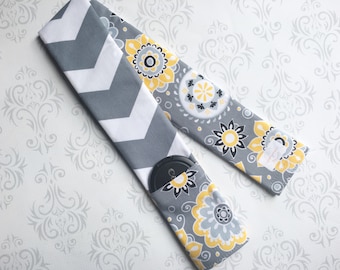 Reversible Camera Strap Cover with Lens Cap Pocket - Photographer Gift - Yellow Flowers with Gray Chevron