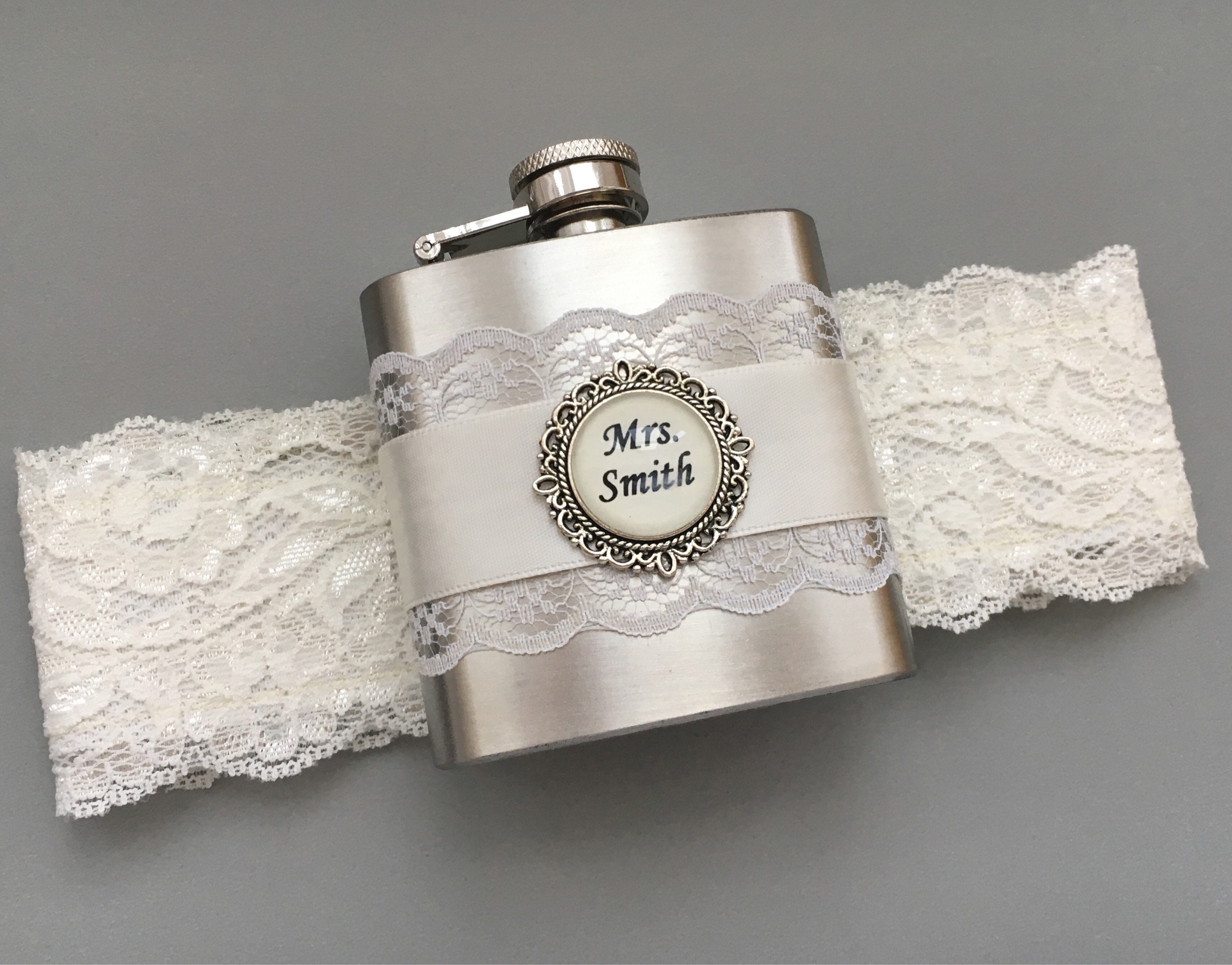 Ivory Flask Garter Personalized Flask with Bridal Garter