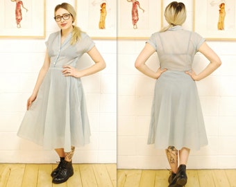 1950's/60's Pale Blue Sheer Crepe Fit and Flare Party Dress / Prom Dress / Cocktail Dress / Rare Collectible Retro