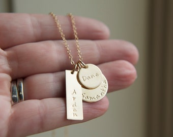 Personalized Gold Family Necklace, 14k Gold Filled Mom Necklace, Hand Stamped Personalized 3 Charm Necklace, Custom Engraved Kids Names