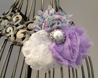 Lavender hair flower, purple hair clip, lavender white and floral print shabby chic flower clip, girls hair clips, lavender hair accessory