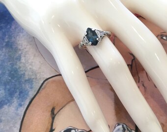 Sterling Genuine London Blue Topaz Ring LAST ONE Victorian Antique Vintage Solid 925 Sterling Silver with Ring Box Antique Design Size 7