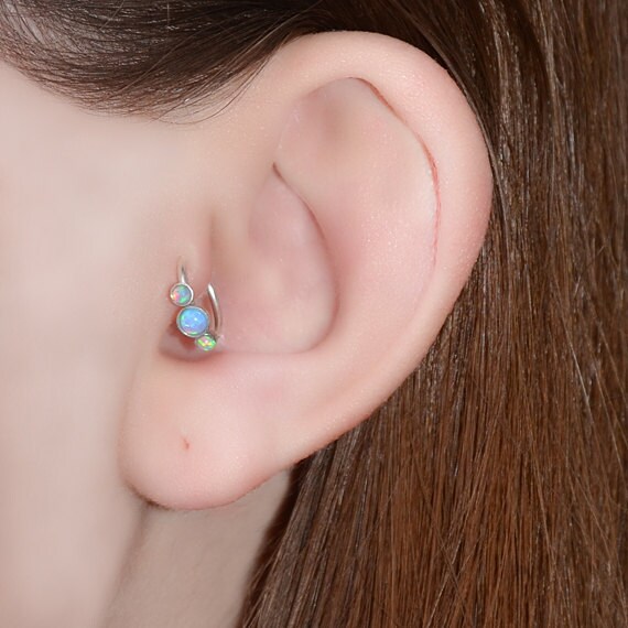 Blue Opal Tragus Earring - Silver Nose Ring - Rook Earring - Cartilage Hoop - Forward Helix Earring - Septum Ring - Tragus Piercing 16 gauge