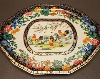 Vintage Daher Decorated Ware 11101 Large Tin Tray Made in England Rooster Floral Design