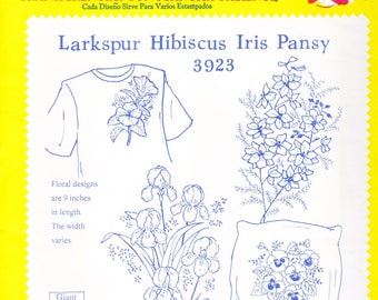Vintage Aunt Martha's Hot Iron Transfers, Embroidery, Pattern, Needlepoint, Aunt Martha, 3923, Larkspur Hibiscus Iris Pansy