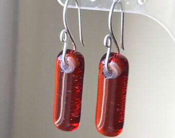 Rust Brown Fused Glass Drop Earrings with Sterling Silver Ear Wires and Gift Box