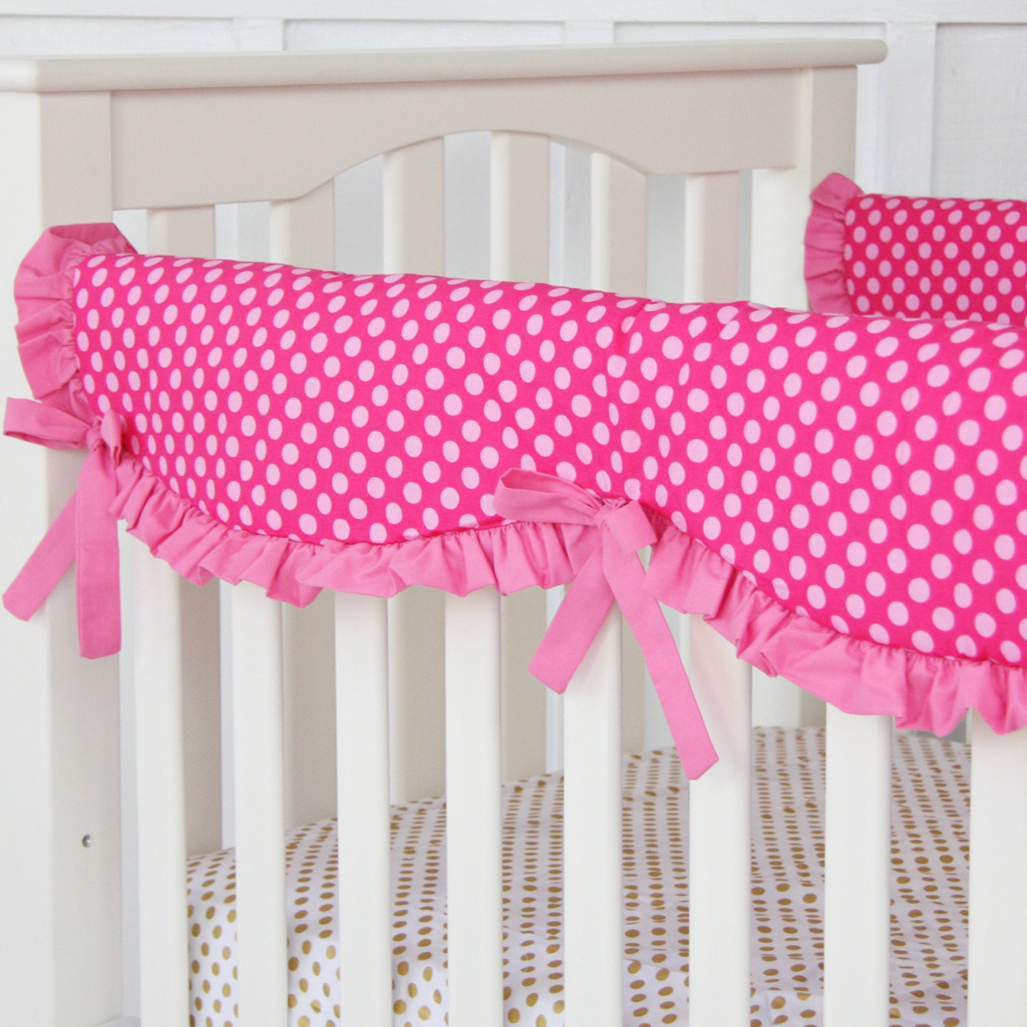 Pink on pink dot Crib Rail Cover for Bumperless Bedding