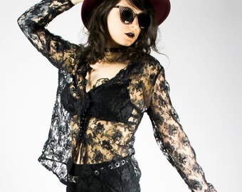Vintage Schwarz Spitze Bluse Durchsichtig Transparent Langärmlig Shirt Gothic Punk Grunge Alternative Dark Style Halloween Party Victorian