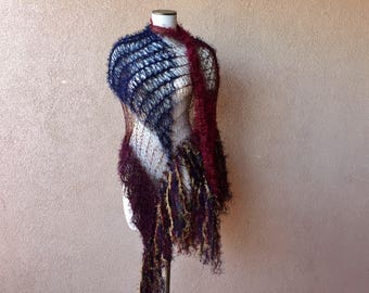 Shawl Wrap Drape Knit Accessories in Dark Red Maroon, Navy Blue and Gold Knit Scarf Cosplay Fringe Shawl by Stevie Nicks Shawl Designer