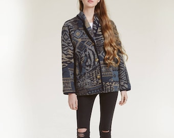 woven tiger jacket / shades of blue / tribal wool jacket / pockets
