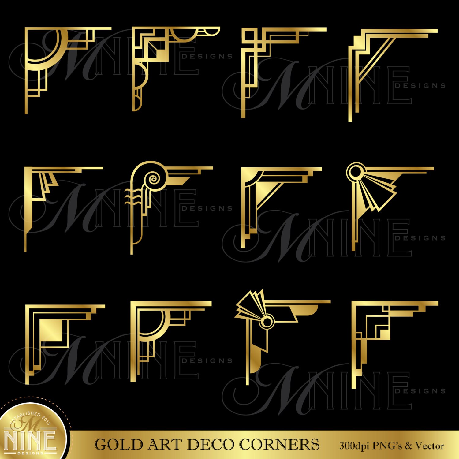 Art Deco Line Design : Gold art deco corners clipart digital clip instant