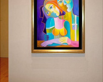 Original Cubist Painting oil canvas Abstract Modern Artwork Just Married Marlina Vera Contemporary fine art Picasso Style in love Lovers