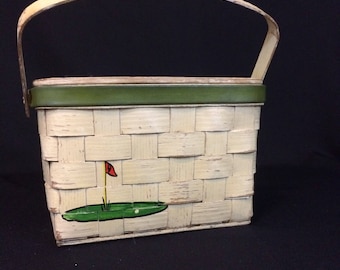 Basket Purse Golf Theme Vintage 1960's Hand Painted Caro-Nan Handbag