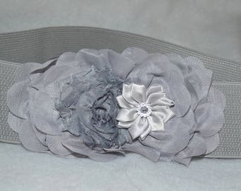 Chiffon Flower cinch belt, Wide elastic stretch corset belt, stretch belt, Wide belt, Silver Gray belt, Gray stretch belt