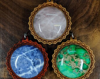 Hexagon Portal 30mm Gemstone Hardwood Pendant - Crystal Gem Custom Sacred Geometry Laser Cut Natural Wood Wooden Cabochon