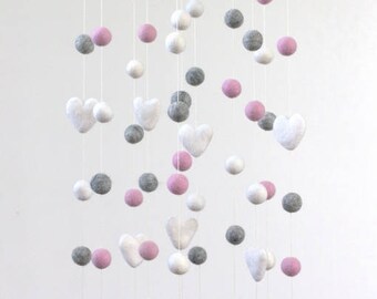 LARGE Pink, Gray, White Felt Ball & Heart Nursery Mobile- Nursery Childrens Room Pom Pom Mobile Garland Decor