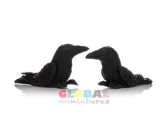 Dollhouse Miniatures Pair of Mini Handcrafted Clay Crow Animal Pet Decorating