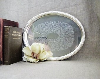 Shabby Oval Silver Plate Tray / Oval Silverplate Tray / Cottage Chic Silver Plate Tray