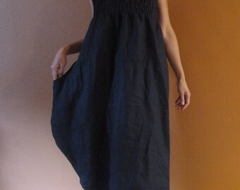 handmade linen shirred tulip dress / halter dress / sun dress / sleeveless dress / smocked dress / shirred dress / beach dress / slim dress