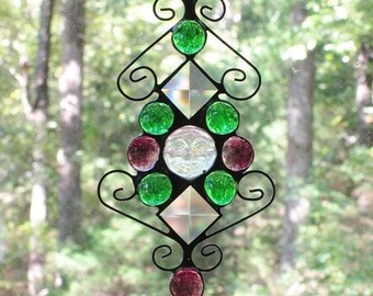 Stained Glass Suncatcher - Clear Iridescent Moonface, Green & Purple Glass Nuggets, Clear Bevels, and Curly Cue Wire (Mardi Gras Look)