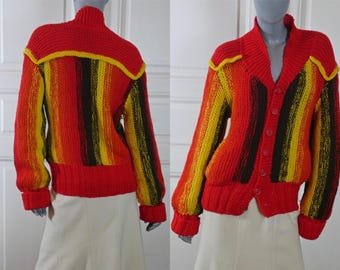 Scandinavian Vintage Wool Cardigan, 1980s Red Orange Yellow Chocolate Brown Swedish Knit Sweater: Size 10 US, 14 UK