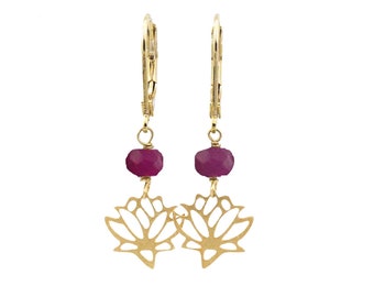 Lotus Earrings, Genuine Ruby Earrings, Lotus Flower Earrings, Ruby Gemstone Earrings, July Birthstone