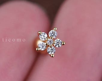 Cartilage earring 16g Helix earring Helix piercing Tragus Earring Tragus Piercing Cartilage piercing Conch piercing Gold Flower Zircon