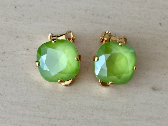 Lime Lacquer Swarovski Crystal Clip On Earrings, Yellow Gold