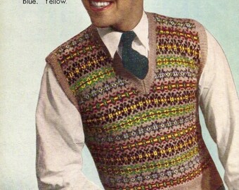 1940's Men's Fair Isle Vest Vintage Knitting Pattern 335