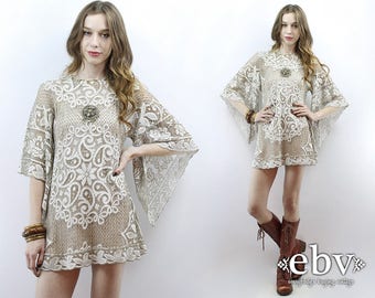 Crochet Dress Angel Sleeve Dress Hippie Dress Festival Dress Hippie Wedding Dress Lace Dress 1970s Dress 1960s Dress 70s Dress 60s Dress S