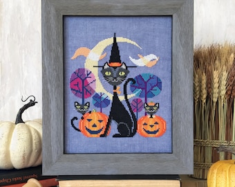 Halloween Cat - black cat witch - Satsuma Street cross stitch pattern PDF - Instant download