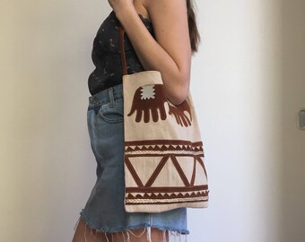 SALE Vintage suede printed linen handbag tote bag