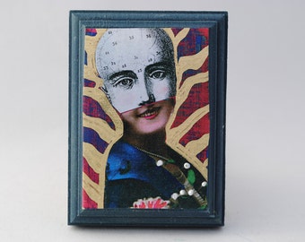 Phrenology art collage art block on wood assemblage