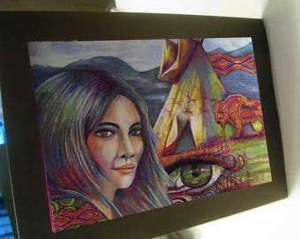 greeting card print of original art- she sees tepee buffalo native american