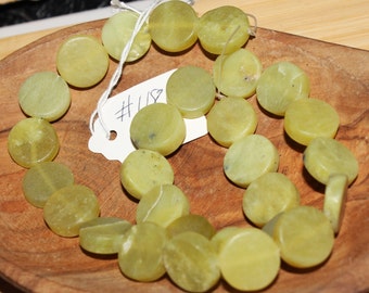16" Strand of 14mm Smooth Flat Coin Shaped Matte New Jade Beads #118 Beading Supplies, Bead Strands, Green Yellow, Jade Beads, Coin Beads