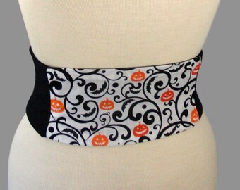 Halloween Corset Obi Belt - Pumpkin Swirl Waist Cincher Corset Any Size Lace Up Black and Orange