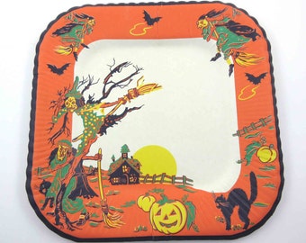 Vintage Halloween Paper Plate with Witches Black Cats Jack O Lanterns Haunted House and Bats by Reed NOS