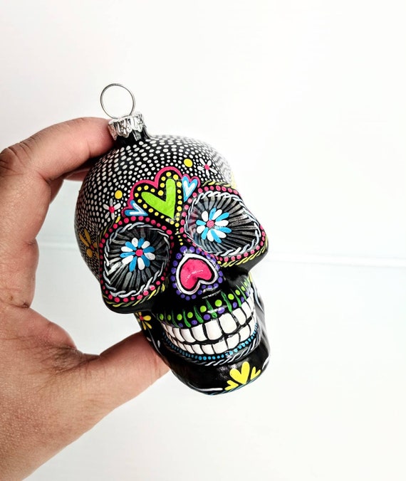 Skull ornament hand painted glass skull ornament sugar skull colorful skull art