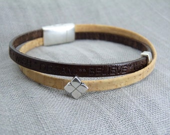 Bracelet Leather and Cork * believe-Wish-Dream *-Zamak-magnetic closure-gift-